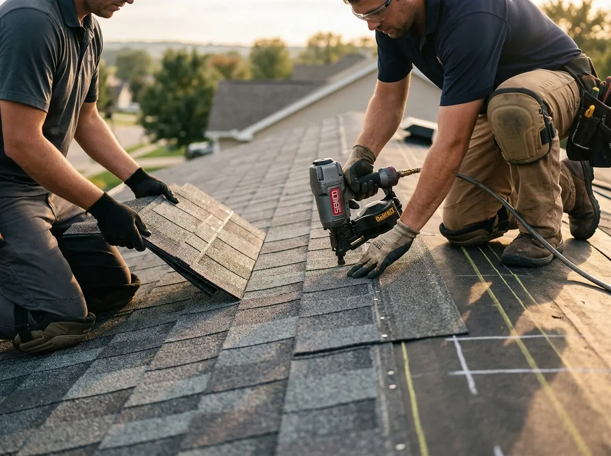 Professional roofer working on a residential roof in Eagle Mountain